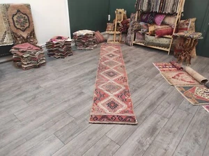 Geometric Design Handmade Turkish Rug, 1.7x10.4 Ft Organic Wool Runner Rug, Rugs - Picture 1 of 10