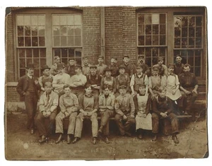 Machine factory workers, overalls, aprons, Barnes Chicago history cabinet photo - Picture 1 of 2