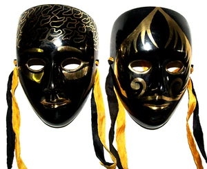 Vintage Black & Gold Toned Creepy Mardi Gras Carnival Brass Masks - Picture 1 of 15