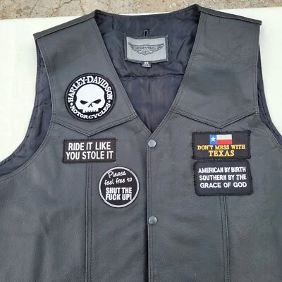 Dream Apparel Leather Vest Size 62 Harley Davidson Motorcycles Patches Texas - Image 1 of 4