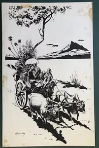 Carro Dibujado Western Ox Dibujo Warren King Original Pre 1950 - Imagen 1 de 3