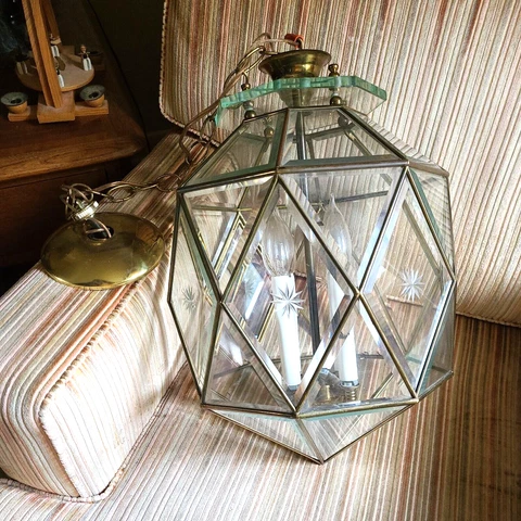 Mid Century Star Etched Caged Beveled Glass Brass Pendant Ceiling Light Fixture Cover