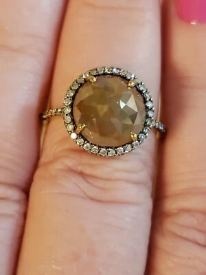 Anillo con halo de oro de 18 quilates con champán y diamantes blancos, tamaño 7,25, 4,9 quilates, cúpula facetada Foto 1 de 4