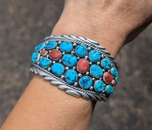 Navajo Turquoise Cuff Bracelet Vtg Sterling Silver Native NA Jewelry Signed sz 7 - Picture 1 of 11