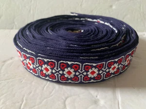 Vintage 1970s Deadstock Embroidered Ribbon Trim Blue Red  16+ Yards - Picture 1 of 5