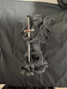 Lrg Black Medieval Fantasy Resin Dragon Holding a Jeweled Sword Halloween Decor - Picture 1 of 2