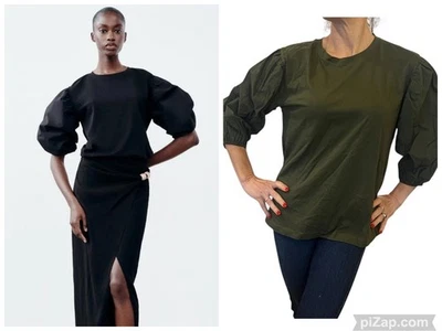 Camiseta Top Zara Voluminous Globo Manga 3/4 Verde Algodón 0085/635 Grande Foto 1 de 4