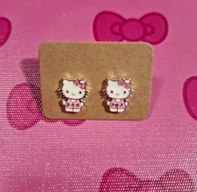 Sanrio Hello Kitty  Enamel Stud Earrings Pair Sterling Silver Full Body/Pink Bow - Image 1 of 4
