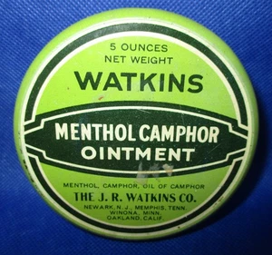 Vintage J. R. Watkins unguento alla canfora al mentolo 5 oz latta medica con qualche unguento - Foto 1 di 8