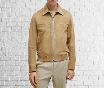 Smooth Move Fit: Slim Men’s Tan Suede Zipper Leather Jacket for Style - Image 1 of 4