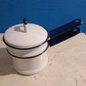 Vintage 3-piece White and Navy Blue Enamelware Double Boiler - Picture 1 of 13