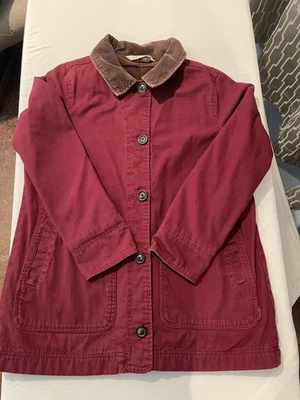 Abrigo de granero Woolrich para mujer mediano rojo cuello de pana manta a rayas línea polar Foto 1 de 4