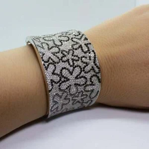 935 Slver 11.24CT Black Onyx & White Simulated Sapphires Flower Bangle Bracelet - Picture 1 of 11