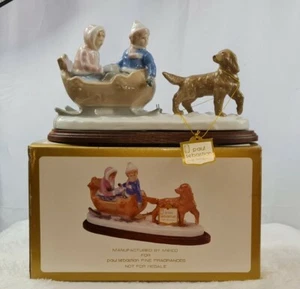 Paul Sebastian Fine Porcelain Dog With Children In Sleigh with box - Picture 1 of 5