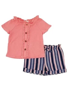 Toddler Girls Coral Pink Navy Blue Buttons Shirt Top Striped Shorts Outfit 3T - Picture 1 of 1