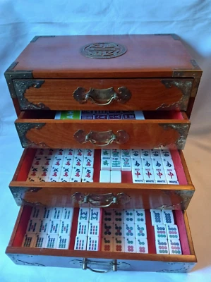 Mah Jong set Oriental 4 Drawer cabinet Case 148 Large Tile Vintage Jongg Mahjong - Image 1 of 4
