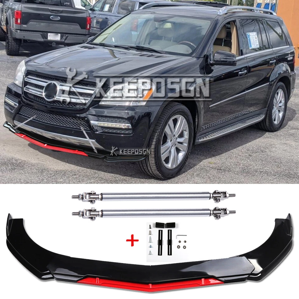 Parachoques delantero divisor de labios barbilla roja + 2x varillas de puntal para Mercedes Benz GL550 GL350 Foto 1 de 4