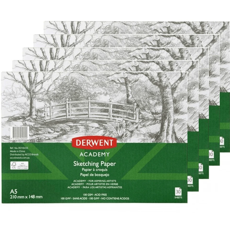 NUEVO 5 Pack Derwent Academy Almohadilla de Dibujo para Dibujos Paisaje 30 Hojas A5 Artistas Foto 1 de 1