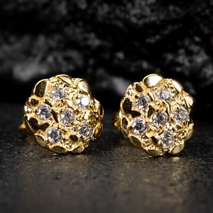Round Yellow Gold Sterling Silver Iced Circle Nugget Screw Back Stud Earrings - Picture 1 of 5