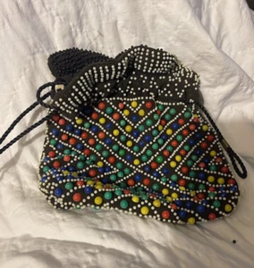 Vintage 70s Beaded Hippy Purse Drawstring Plastic Beads By Eason - Picture 1 of 4