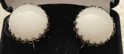 "Pendientes Miriam Haskell blanco vidrio leche cerámica tornillo clip trasero plata .75""" Foto 1 de 2