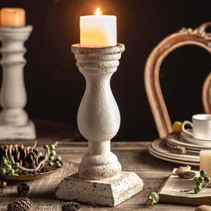 French Country Pillar Candle Holder Distressed White Wood Metal 33.5cm - SMALL - Picture 1 of 3