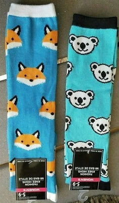 Knee Hi Socks Fox or Koala Forest Animals Teal Turquoise Orange Black White 5-9 - Image 1 of 3