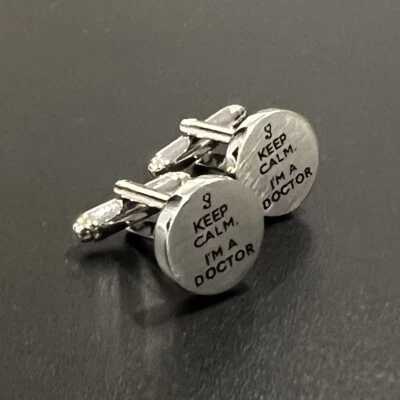 Brushed Silver Tone Round Keep Calm And I’m A Doctor Cufflinks For Wedding Men - Image 1 of 4