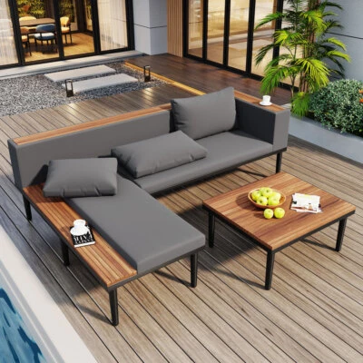 Luxury Patio Furniture Set w Removable Cushions & Table, L-Shaped Acacia Sofa - Image 1 of 4