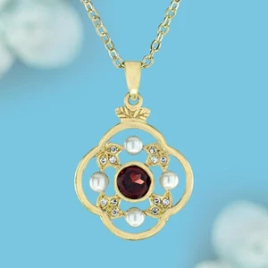 9K Yellow Gold Natural Garnet Pearl Diamond Floral Pendant  - Picture 1 of 6