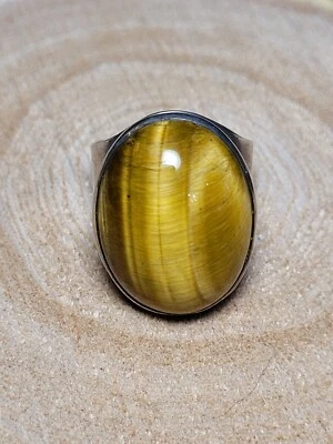 Anillo de plata de ley y piedra de ojo de tigre grande con forma ovalada I-9959 Foto 1 de 4
