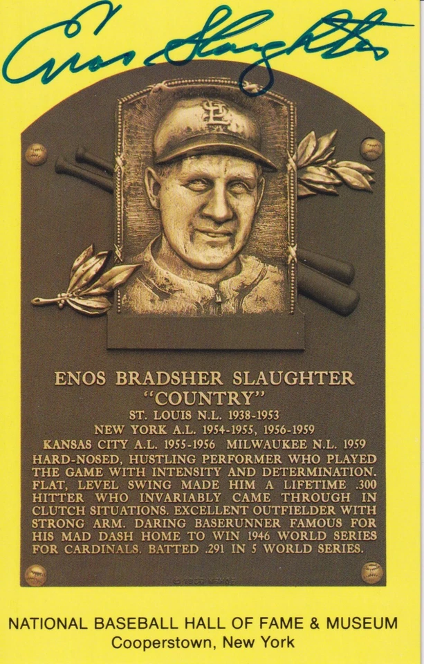 Enos Slaughter, St. Louis Cardinals HoF Outfield, signed Cooperstown Plaque card - Image 1 of 1
