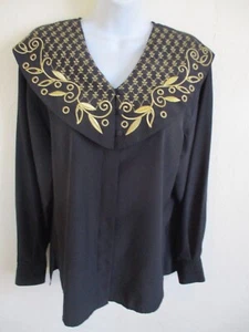 VTG 80's Yves St. Clair Blouse Size 12 Gold Embroidered Big Collar Top - Picture 1 of 5