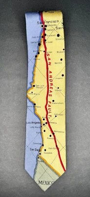 Corbata Josh Bach Hombre Amarillo/Azul MAPA DE CALIFORNIA, FALLA DE SAN ANDREAS 100% Seda Foto 1 de 4