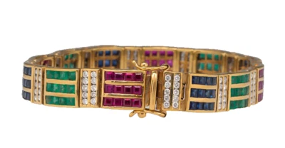 2.50ct Natural Round Diamond Emerald Ruby 14K Yellow Gold Anniversary Bracelet - Image 1 of 4