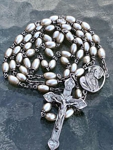Gesegneter Mid Century Oval Kunstperlen Sterling Silber Rosenkranz - MCM Priester Nachlass - Bild 1 von 6