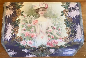 ANTIQUE VICTORIAN LADY FLORAL MIRRORED CELLULOID DRESSER MAKEUP CASE BOX - Picture 1 of 7