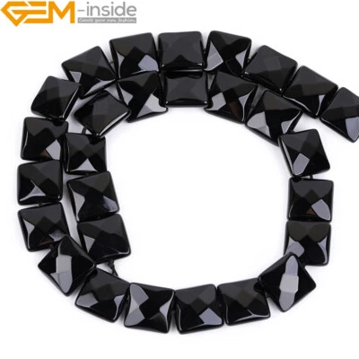 Cuentas de piedras preciosas de ágata negra natural de ónix cuadrado facetado para hacer joyas de 15" Foto 1 de 4