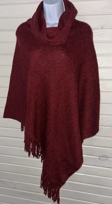CHICOS “One Size” Red Cozy Stripe Cowl Neck Poncho Sweater Fringe Shimmer EUC - Image 1 of 4