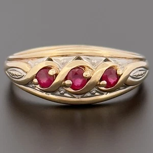 9ct Yellow Gold Ruby Three Stone Ring Size R Hallmarked - Picture 1 of 10