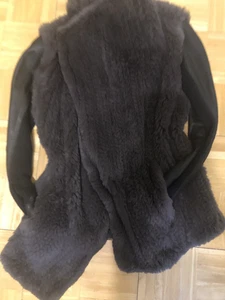JUNE GENUINE RABBIT FUR  GREY/ BLACK LEATHER SLEEVES GLAM CARDIGAN JACKET SIZE L - Picture 1 of 18