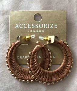 New Accessorize Raffia Bobble Hoop Earrings Brown Natural Colour BNWT £12.00 - Picture 1 of 5
