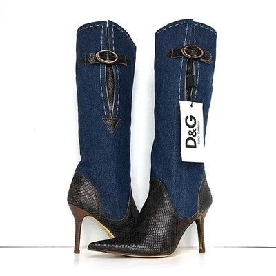 Botas de Colección Dolce and Gabbana Denim Piel de Serpiente Punta Alta Tacón 35 Foto 1 de 4