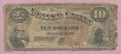 1880 $10 Licitación Legal, Diez Dólares, Bajo Grado, Real Subasta, Sin Reserva Foto 1 de 2