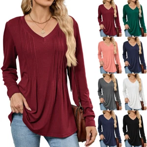 PLUS SIZE WOMEN LADIES TEE PLEATED LOOSE PULLOVER LONG SLEEVE V NECK TOPS SHIRTS - Picture 1 of 32