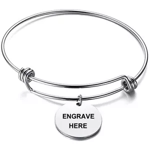 Stainless Steel Bangle w/ Round Plate Adjustable Bracelet-Engraving Avail. - Picture 1 of 5