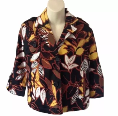 Ruby Red Black Brown Yellow Leaf Print Cropped Safarri Blazer Jacket Size 6 - Image 1 of 4