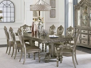 Traditional Dining Room Furniture - 9pcs Platinum Gold Table & Chairs Set IC6W - Picture 1 of 6