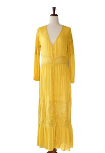 Boohoo Ochre Lace Peasant Tiered Maxi Dress 14 Cottagecore Boho 70s Style Hippie - Picture 1 of 12