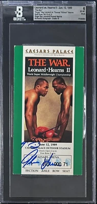 Thomas Hearns Sugar Ray Leonard II Signed Ticket Stub THE WAR Split Draw BAS 6 - Image 1 of 2